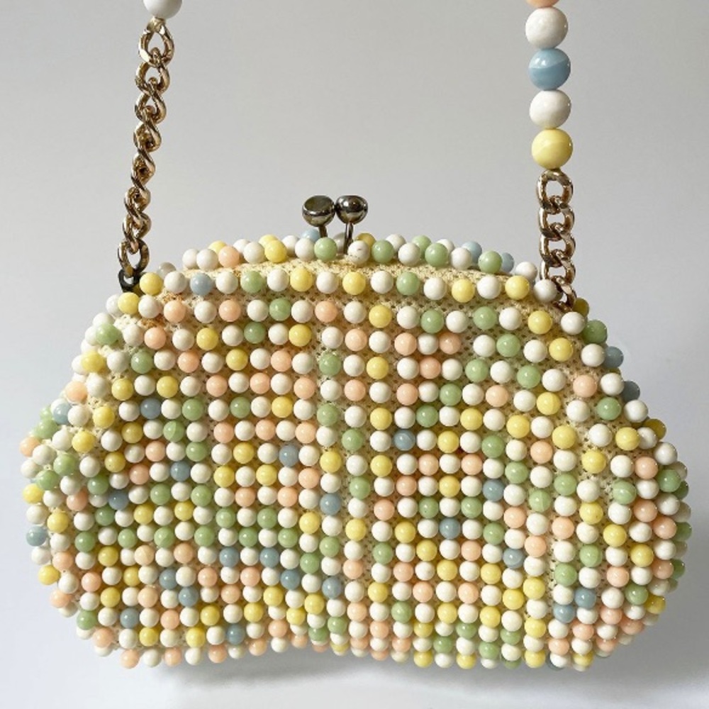 60s Vintage coin purse pastel beaded wristlet